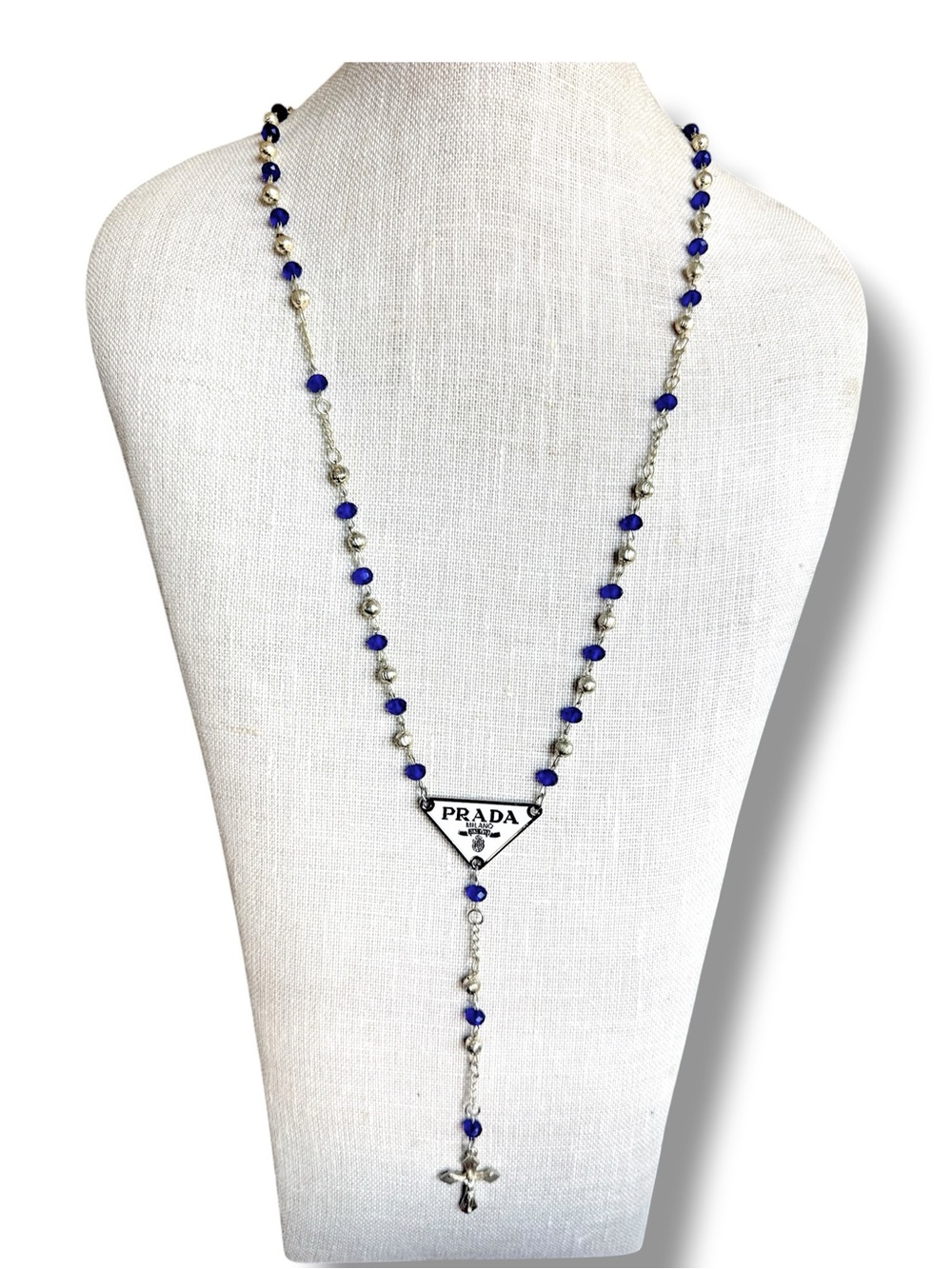 Gold-Tone Designer Rosary Necklace with Cobalt Blue Beads and Cross Pendant